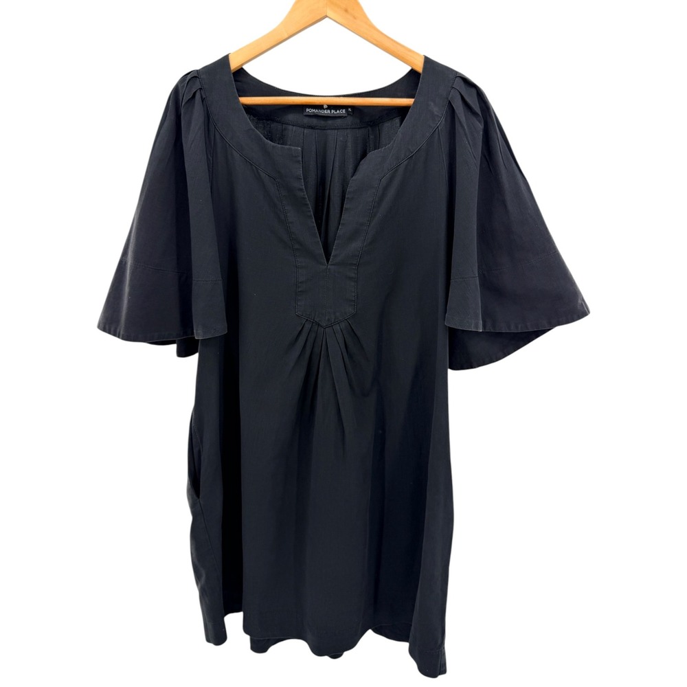 Pomander Place Black Finley Cotton Pleated Flutter Sleeve V-Neck Tunic Dress XL